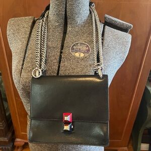 Fendi Kan l Small Bag. Black Leather with silver and leather crossbody strap.